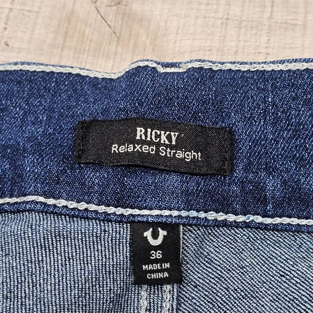 NWT True Religion Jeans Mens Size 36 Ricky Flap SN Relaxed Straight‎ Blue Denim